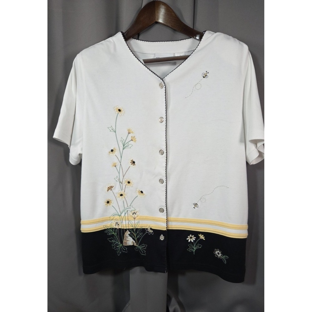 Alfred Dunner White Black Embroidered Button Shirt XL Bee Hive Flowers